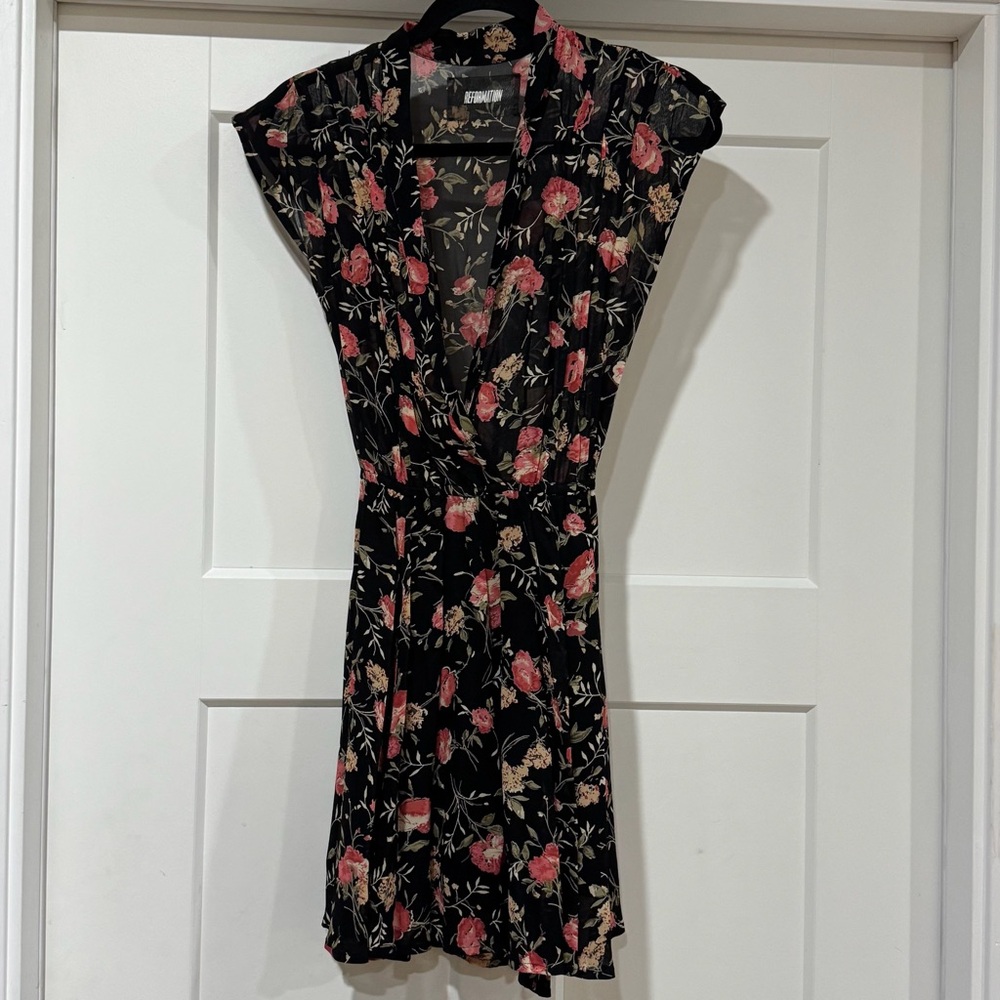 Reformation Mini Floral Black and Pink Dress - Size 2